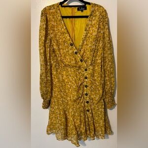Lulu's Mustard Floral Long-Sleeve Button Wrap Dress